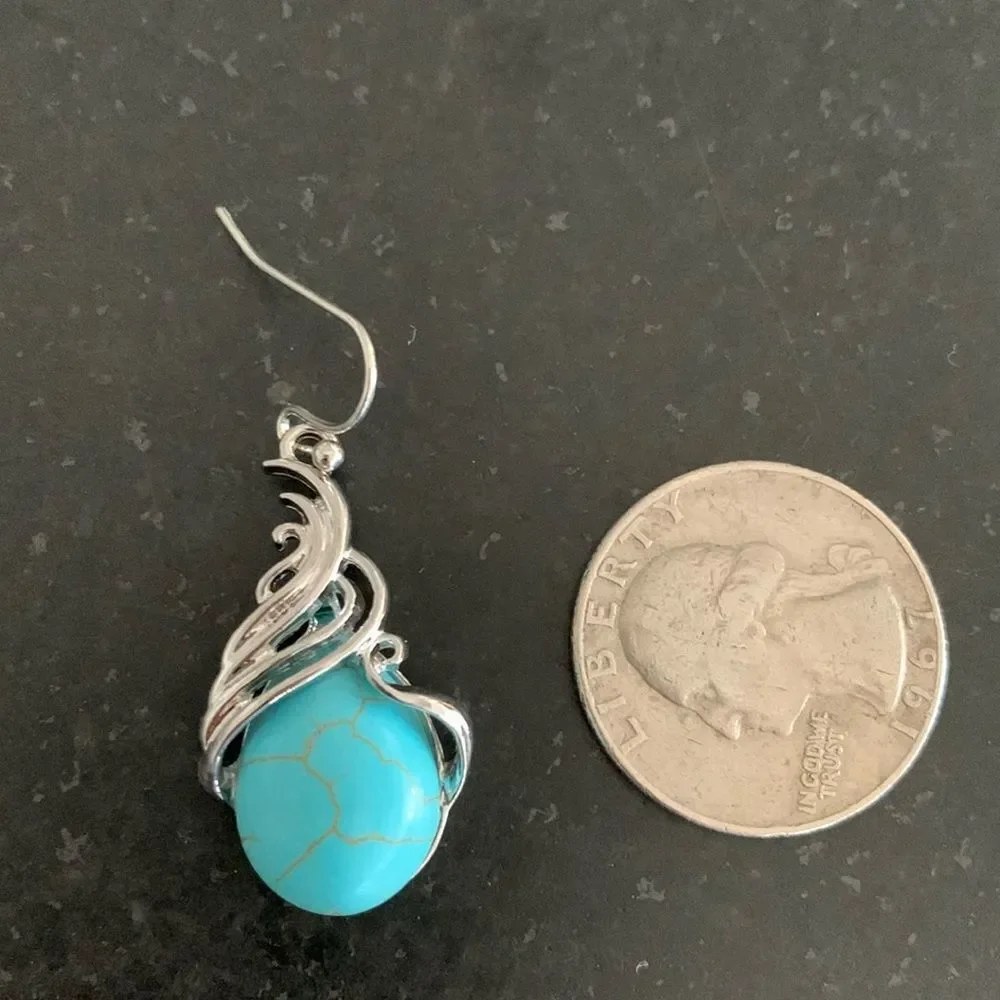 Western Southwestern Silver & Faux Turquoise Color Drop Earrings
